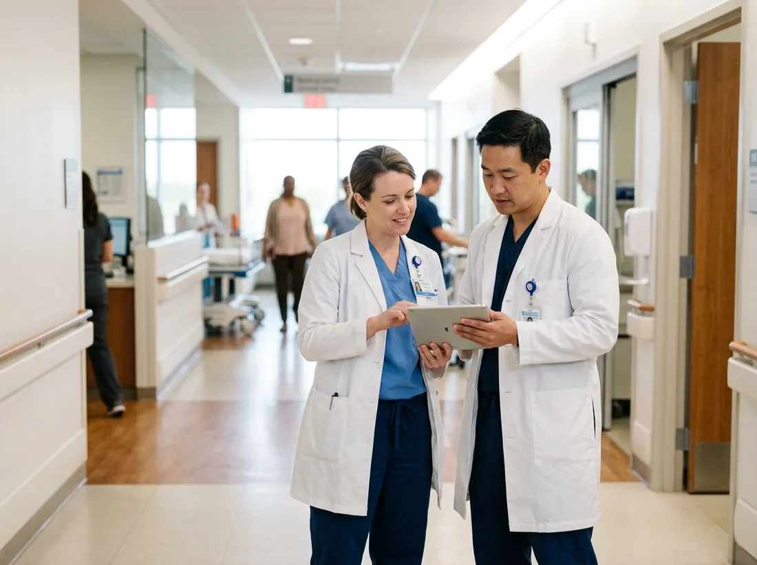 Two clinicians reviewing a tablet